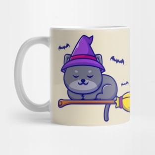 Cute Witch Cat Sleeping On Magic Broom Cartoon Mug